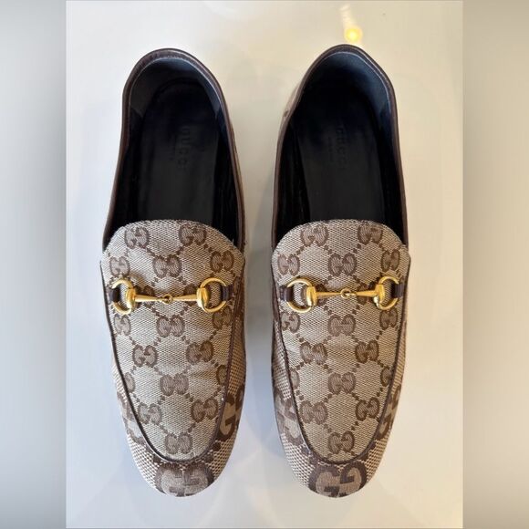 Gucci Jordaan Jumbo GG Loafers Shoes Brown Camel Ebony Canvas EU 39.5 US 9.5 - Picture 1 of 8